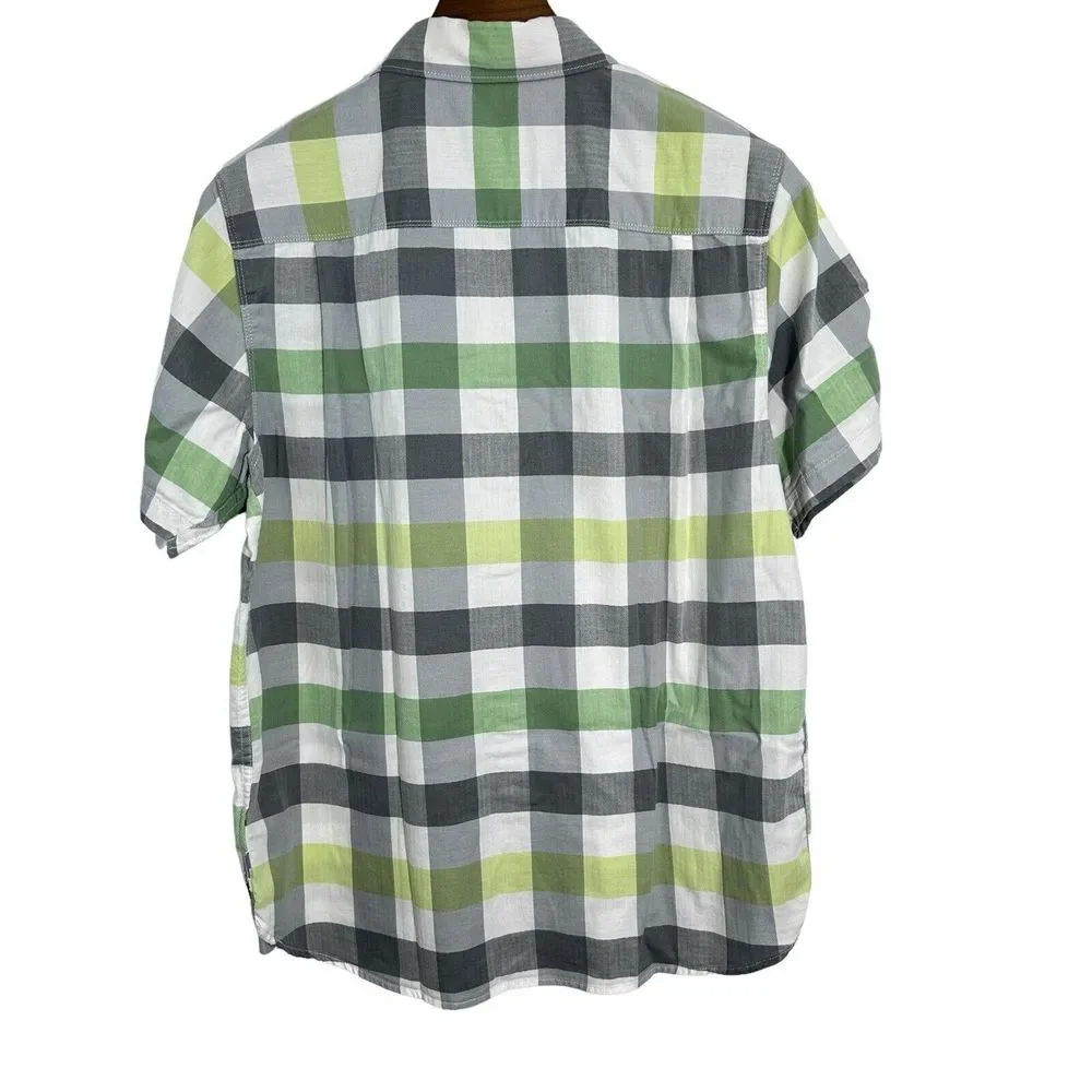 The North Face Short Sleeve Blue Lime Plaid Cotton Blend Button Up Shirt‎ Large
